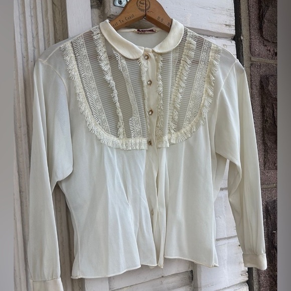 1940-50’s Ivory Lace Blouse with Rhinestone Buttons - Picture 1 of 9